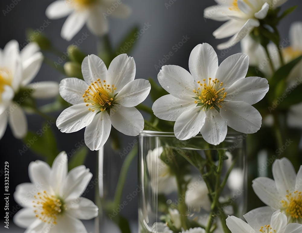 Close up of white blooming flowers in glass vase Close up of white blooming flowers in glass vase