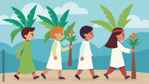 The solemnity of Palm Sunday is beautifully reflected in the faces of the young children as they walk down the aisle with their palms.. Vector illustration