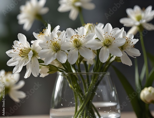 Close up of white blooming flowers in glass vase