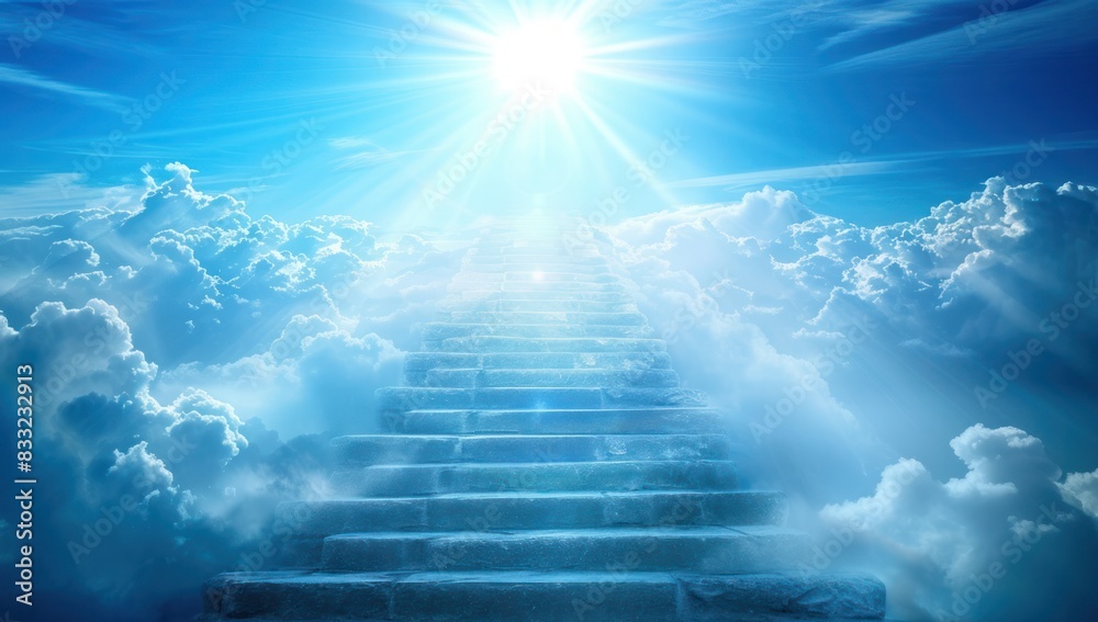 Fototapeta premium Stair Leading Up To Heavenly Sky Toward The Sun ight and cloud