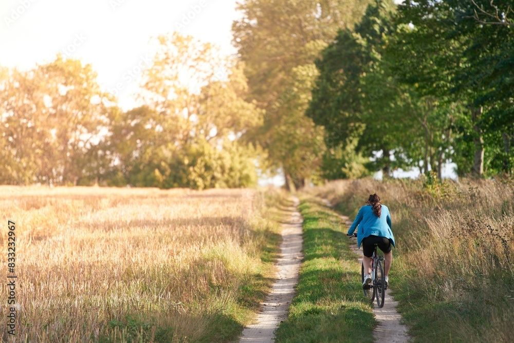 Obraz premium Woman on a bike is riding through rural scenery