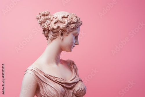 Ancient Pink marble Sculpture head of young woman. Statue of renaissance art girl Antique style. Waist-high isolated on background with copy space