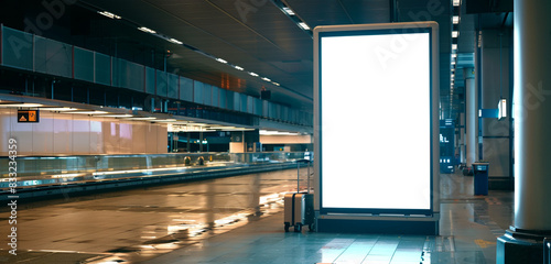 Unique advertising on a narrow, towering blank billboard near a dimly lit luggage carousel. photo