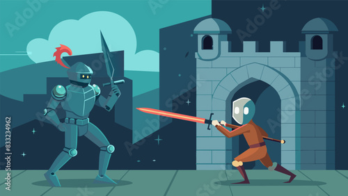In a dilapidated castle you engage in a VR sword fighting workout with a robotic knight who grows stronger with each round forcing you to push your. Vector illustration