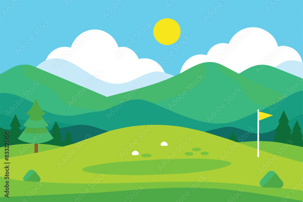 Nature Landscape of Green Golf Field Course with Hill Mountain View in Bright Day vector illustration