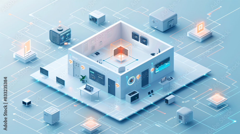 An isometric illustration of a smart home office equipped with AI-augmented reality tools, showing the integration of various smart devices in a sleek, minimal color environment with copy space. An isometric illustration of a smart home office equipped with AI-augmented reality tools, showing the integration of various smart devices in a sleek, minimal color environment with copy space.
