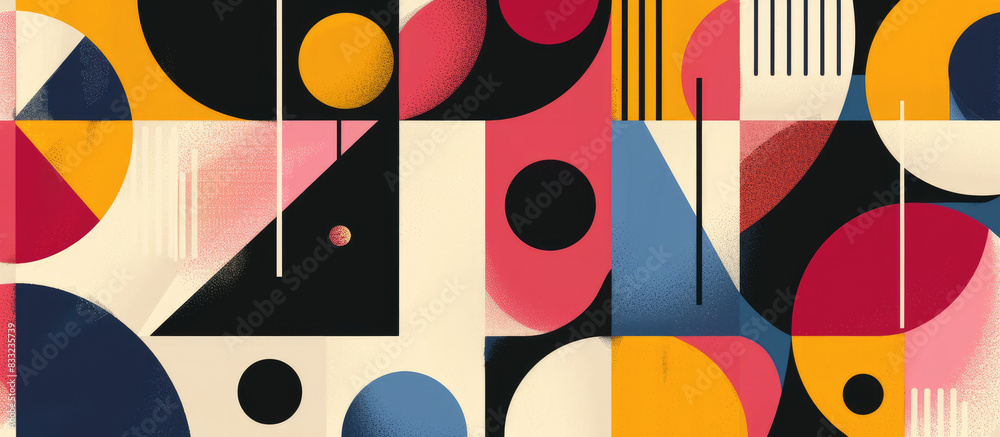 Vibrant and dynamic flat illustrations with bold shapes and geometric patterns in a color palette of red, pink, yellow, blue, purple, black and white