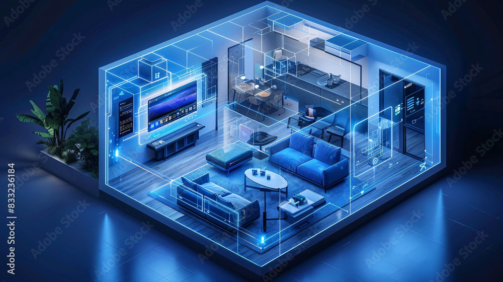 A futuristic living space with an AI-managed smart home system displayed on a transparent wall panel, controlling various home components. The design is isometric, minimal, and provides plenty of A futuristic living space with an AI-managed smart home system displayed on a transparent wall panel, controlling various home components. The design is isometric, minimal, and provides plenty of