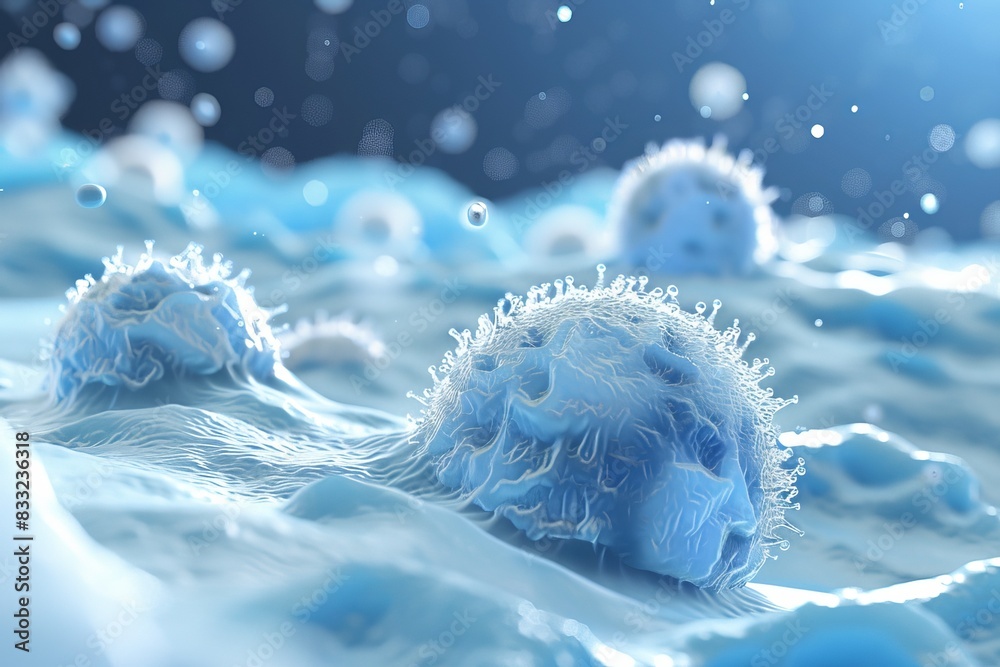 Close-up of microscopic cells in a medical or biological background with a blue hue, highlighting the intricacies of cellular structures. Close-up of microscopic cells in a medical or biological background with a blue hue, highlighting the intricacies of cellular structures.