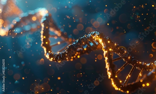 Abstract DNA double helix structure illuminated with golden light on blue background  closeup. Concept of human DNA and determination for new floors in medicine or biotechnology