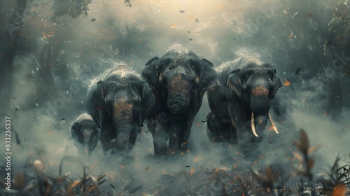 Majestic Family of Gentle Elephants in Misty Watercolor Jungle Landscape photo