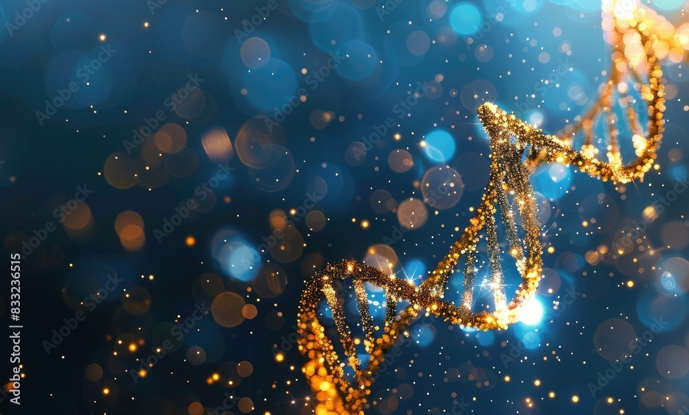 Abstract DNA double helix structure illuminated with golden light on blue background, closeup. Concept of human DNA and determination for new floors in medicine or biotechnology
