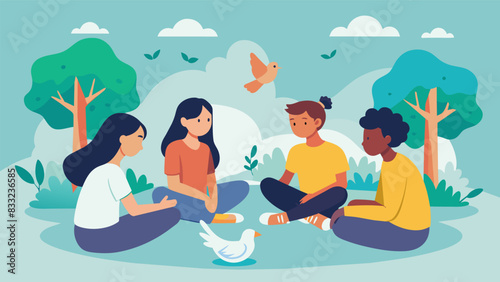 Surrounded by trees and chirping birds a group of teens sit in a circle on the ground discussing their faith and sharing personal stories during a. Vector illustration