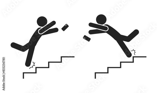 Bundle set pictogram of man fall on stair with phone, for safety sign do not use mobile phone on stairs