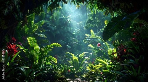 Captivating Jungle Landscape with Lush Foliage and Dramatic Lighting