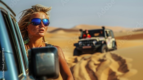 Desert Gobi, people wearing sunglasses, a off road car.