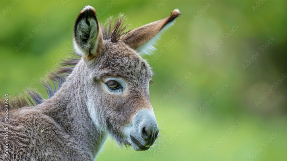 Grey donkey set against a softly blurred green background.