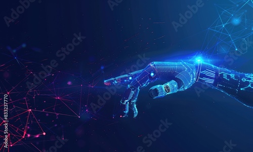 Abstract futuristic human and robot hand touching on digital screen with hologram data technology,