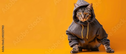 A Bengal cat in a sporty hoodie crouches playfully on a vibrant orange background, capturing an energetic moment with copy space photo