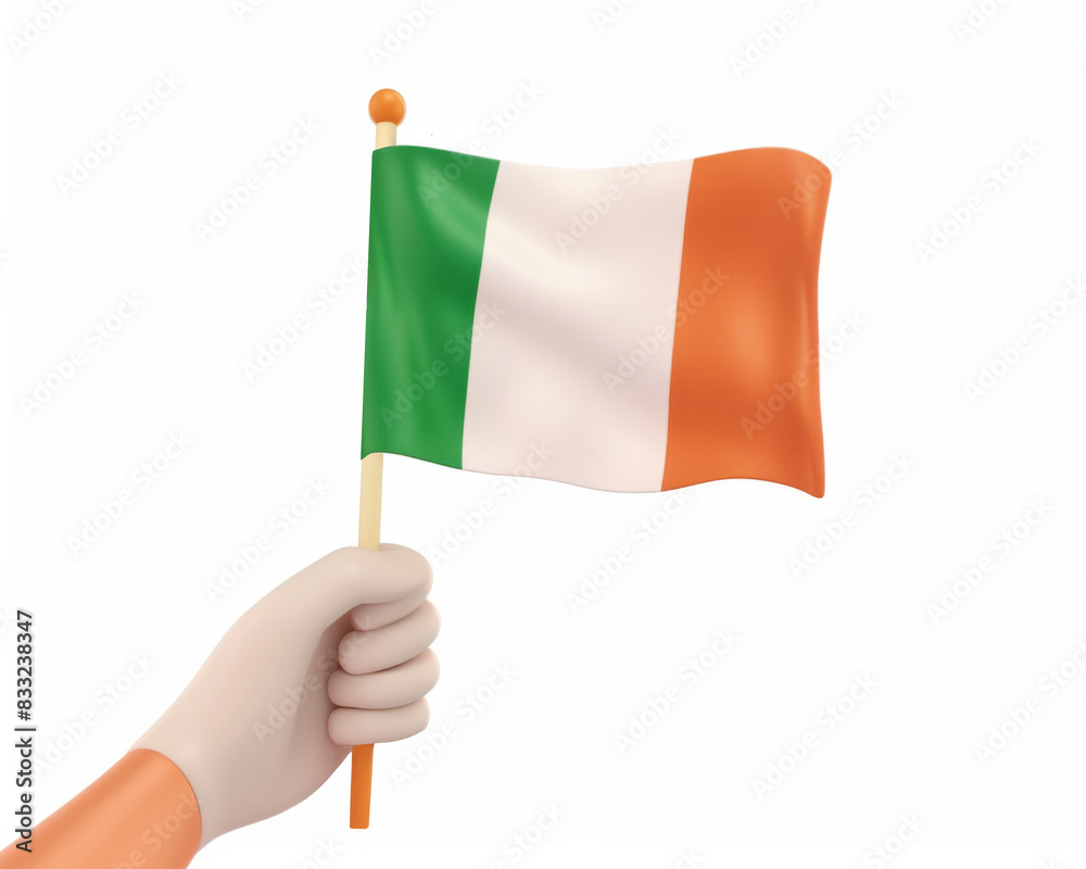 Cartoon 3d illustration. Ireland flag in hand. Isolated colorful illustration on white background. Cartoon 3d illustration. Ireland flag in hand. Isolated colorful illustration on white background.