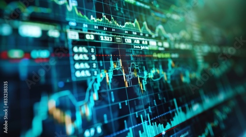 A close up of a computer screen showing a graph of stock prices. The graph is filled with numbers and lines, and the overall mood of the image is one of intense focus and concentration © Дмитрий Симаков