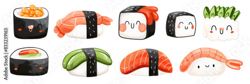 Set of cute sushi, Various kawaii sushi Japanese food cartoon on white background. photo