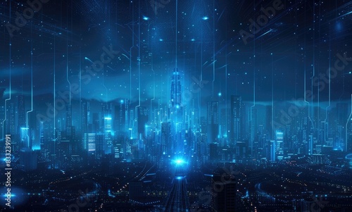 Abstract futuristic blue glowing digital technology background with network grid  night sky light and road line concept for internet of things or big data connection wallpaper vector illustration.  