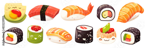 Set of cute sushi, Various kawaii sushi Japanese food cartoon on white background.