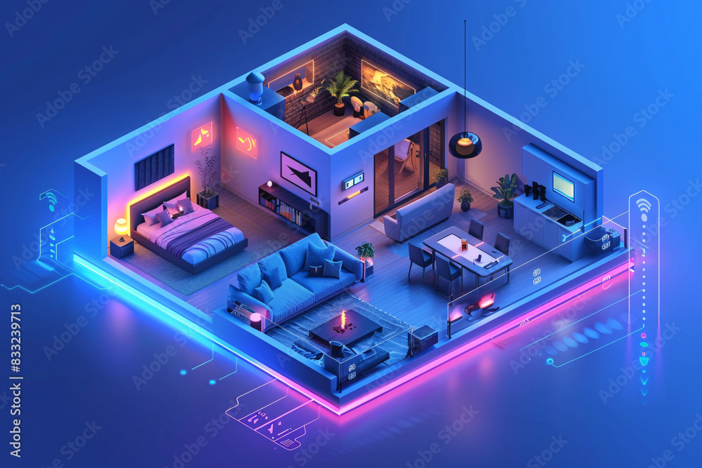 A detailed isometric view of a modern smart home interior reveals AI-augmented reality features managing lighting, climate, and security systems. The minimalist color palette and abundant copy space A detailed isometric view of a modern smart home interior reveals AI-augmented reality features managing lighting, climate, and security systems. The minimalist color palette and abundant copy space