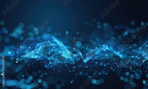 Abstract futuristic digital technology background with polygonal wave and dots on a dark blue color, depicting a big data visualization concept. A big data hologram with connecting lines and particles © Ahtesham
