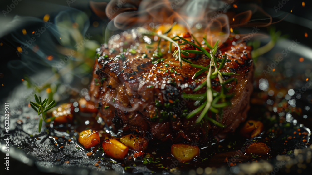 Close-up of juicy roasted steak on a dark surface. View of a hot meat dish with rosemary and vegetables. Food concept. Close-up of juicy roasted steak on a dark surface. View of a hot meat dish with rosemary and vegetables. Food concept.