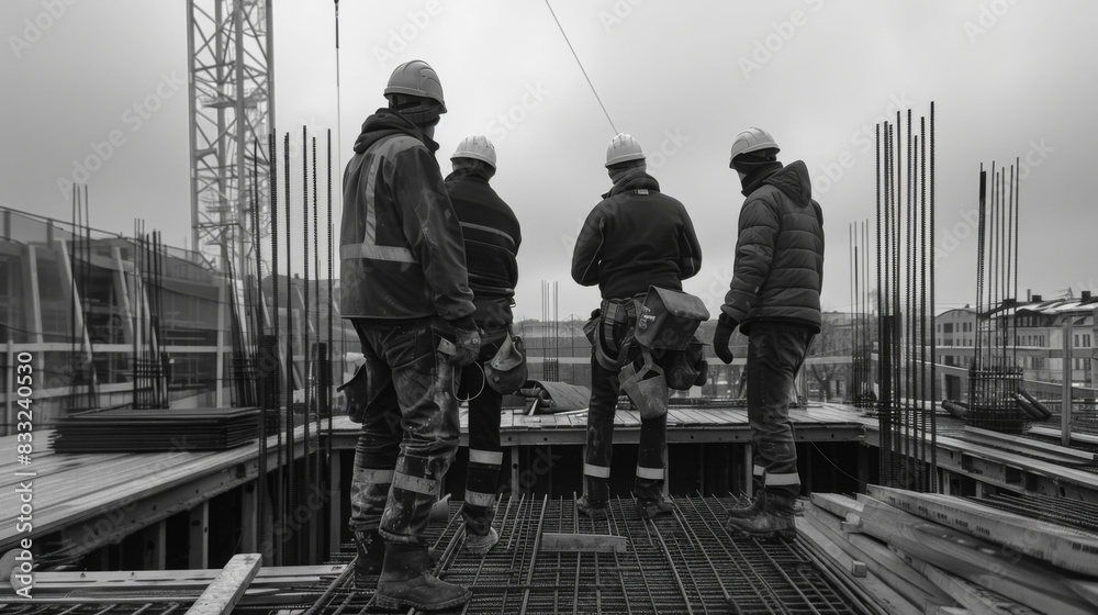 Many men in protective clothing work at a construction site. A group of builders are working outdoors. Construction concept. Many men in protective clothing work at a construction site. A group of builders are working outdoors. Construction concept.