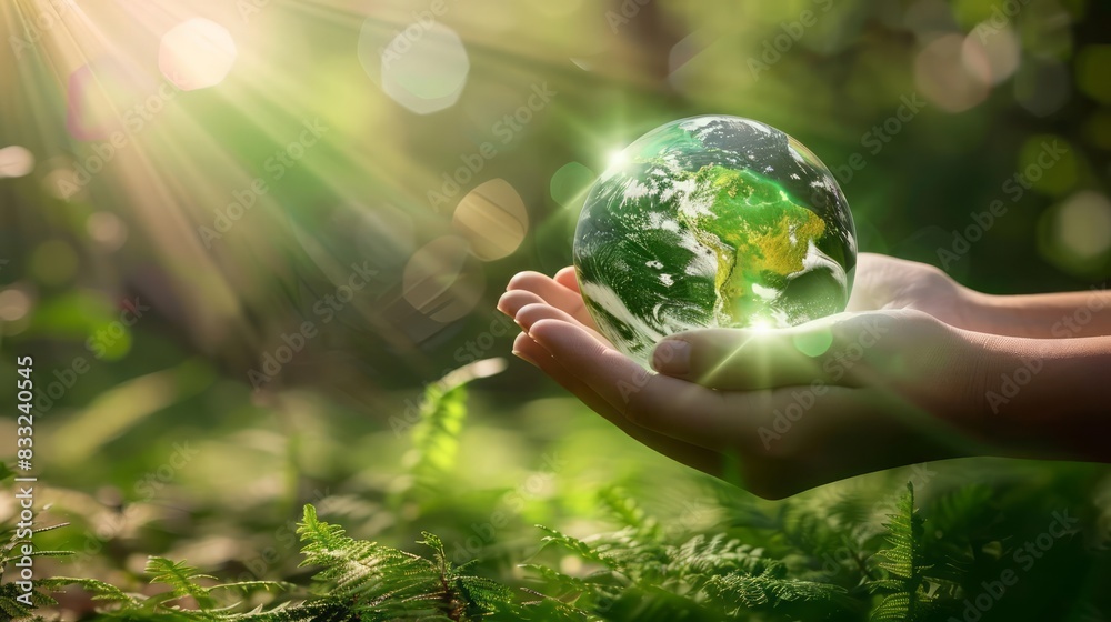 A closeup of hands gently holding a crystal globe with green continents A closeup of hands gently holding a crystal globe with green continents