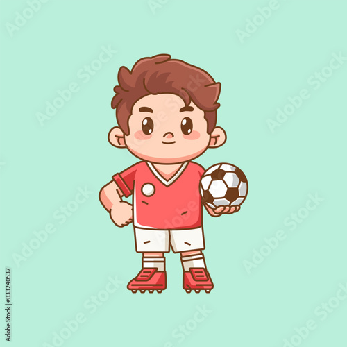 Cute soccer player pose kawaii chibi character mascot illustration outline style design