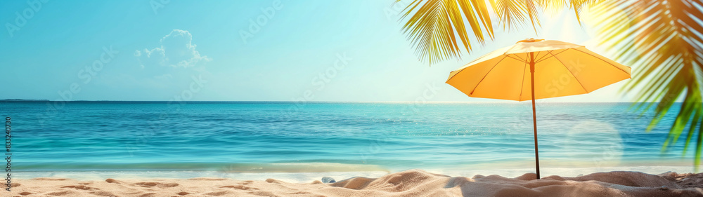 Yellow umbrella on a tropical beach with clear blue ocean and palm leaves. Copy space. Generative AI	 