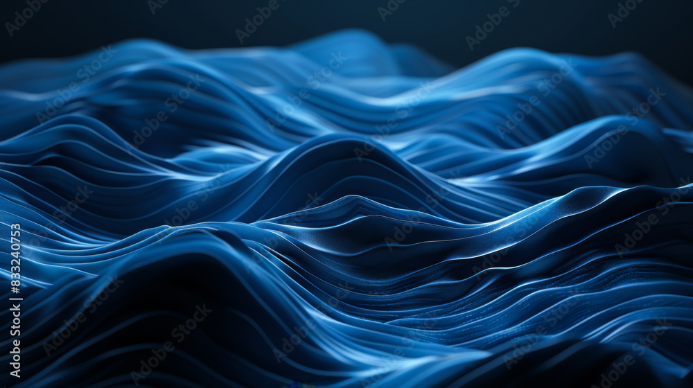 Abstract blue wavy lines on a dark background. Use of tones. Abstract background. Soft waves, gradient. Copy space. Abstract blue wavy lines on a dark background. Use of tones. Abstract background. Soft waves, gradient. Copy space.