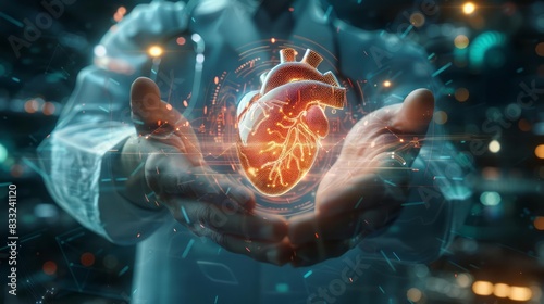 A futuristic depiction of a doctors hands holding a holographic human heart