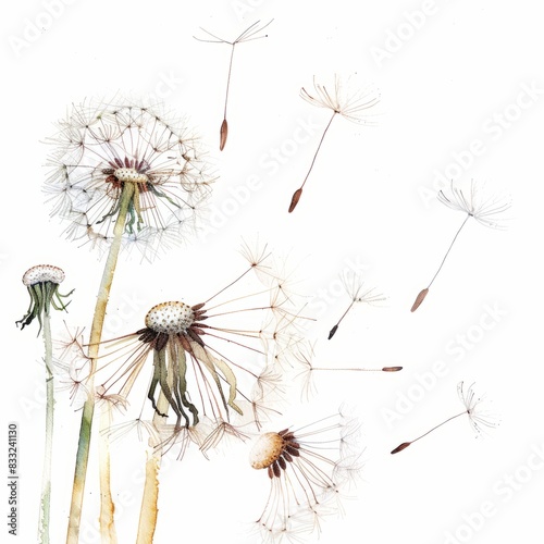 Watercolor painting of dandelion seeds floating and dispersing in the air  on isolated white background  Generative AI