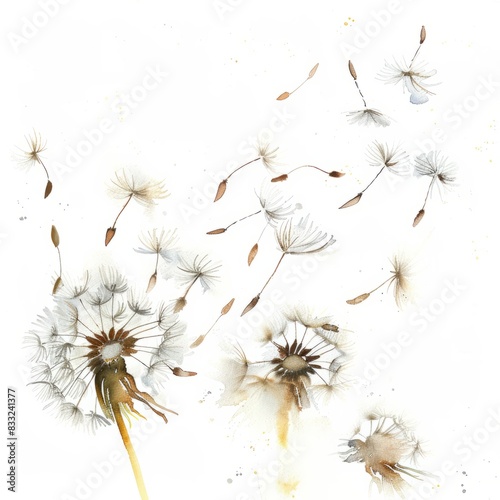 Watercolor painting of dandelion seeds floating and dispersing in the air, on isolated white background, Generative AI