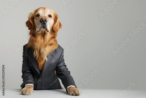A Golden Retriever in a business suit and tie sits obediently on a plain white background, offering a professional look with copy space photo