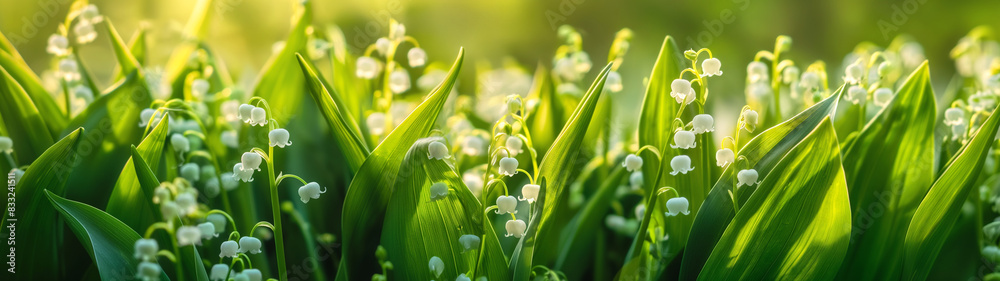 Fototapeta premium Lily of the valley flowers in a sunlit forest glade. Copy space. Generative AI 