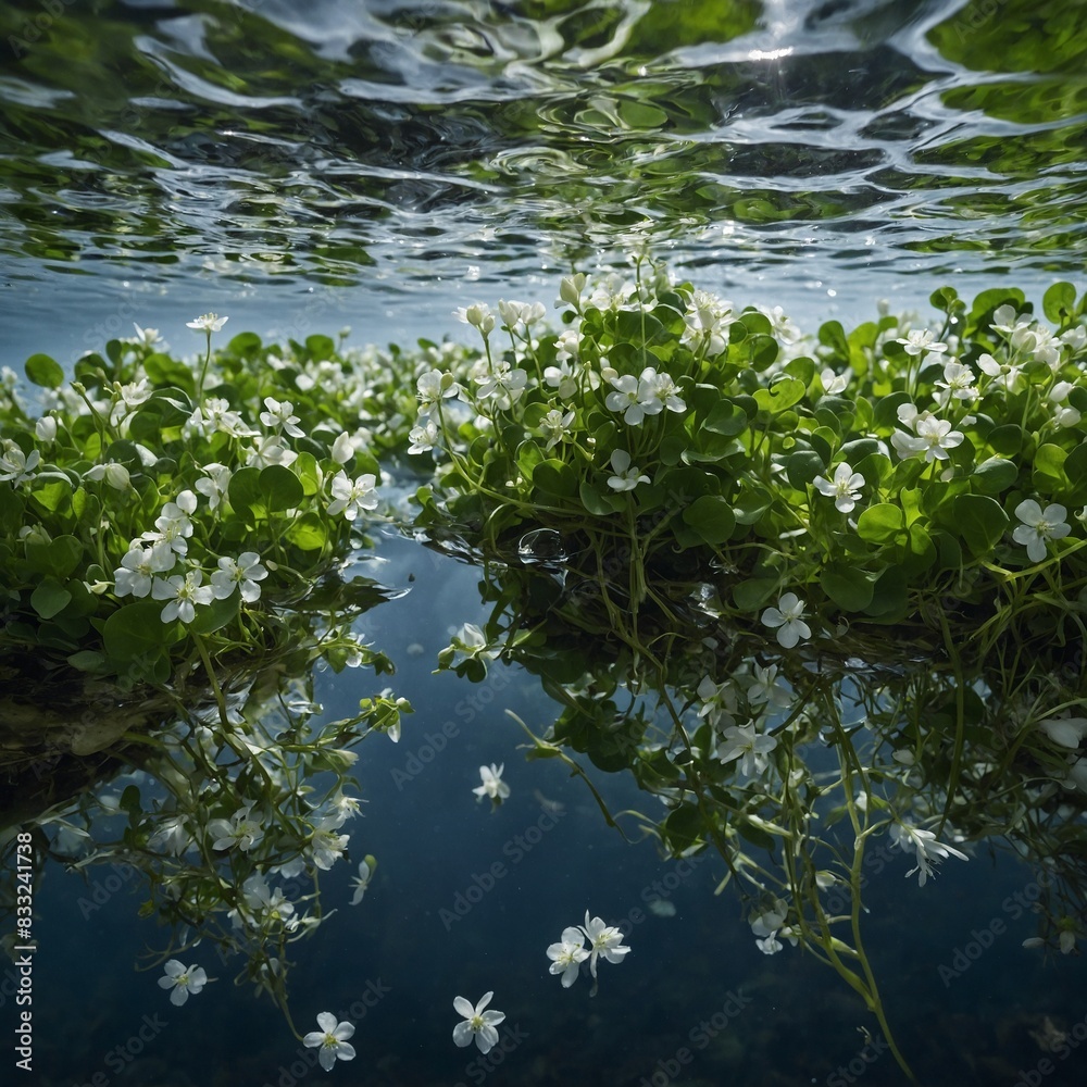 Beneath the surface of a crystal-clear stream, a cluster of watercress sways in the current, their delicate white blossoms hidden beneath the water's surface.
Beneath the surface of a crystal-clear stream, a cluster of watercress sways in the current, their delicate white blossoms hidden beneath the water's surface.