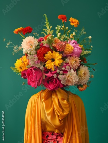 A woman in vivid clothes with a bouquet of multi-colored flowers instead of a head in fashion editorial style