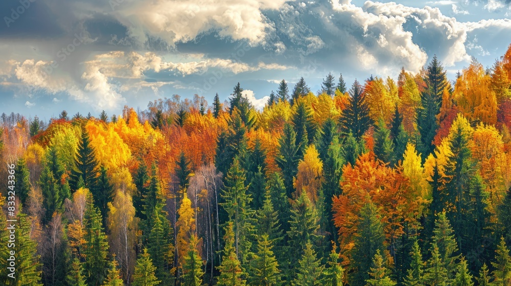 Colorful trees in the forest on a sunny day during autumn showcase a stunning landscape