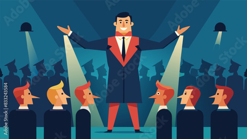 The powerful presence of the choir director commanding the attention of the audience as they follow his every move.. Vector illustration