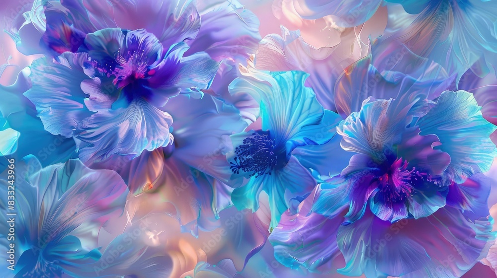 Obraz premium Abstract Blue and Purple Flower Painting Wallpaper, floral mural in the style of hibiscus flower pattern, 3D floral art background, paint swirls, watercolor painting, Generative AI