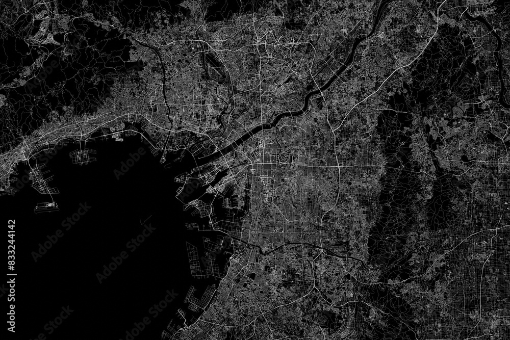 Fototapeta premium Stylized map of the streets of Osaka (Japan) made with white lines on black background. Top view. 3d render, illustration