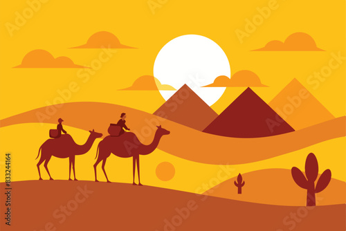 Sahara Desert Travel Tour Camel Arabian Culture vector Illustration