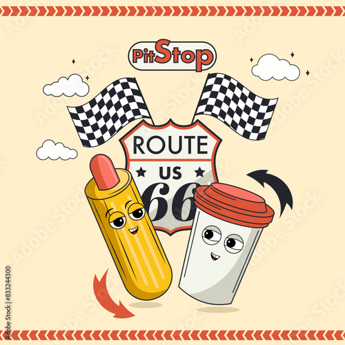 vintage car card  for gas station, cartoon character of card of gas station, groovy character fast food coffee and hot-dog on gas station