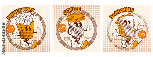 street food posters with funny characters in retro style rubber hose